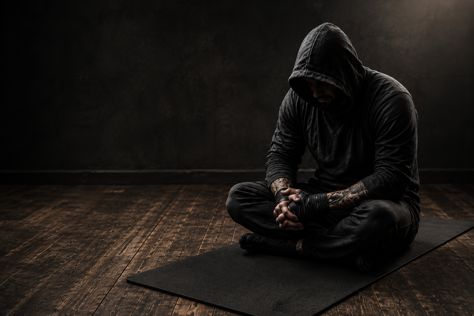Hooded tattooed man seated on a yoga mat in a dark, cinematic room with wooden floor